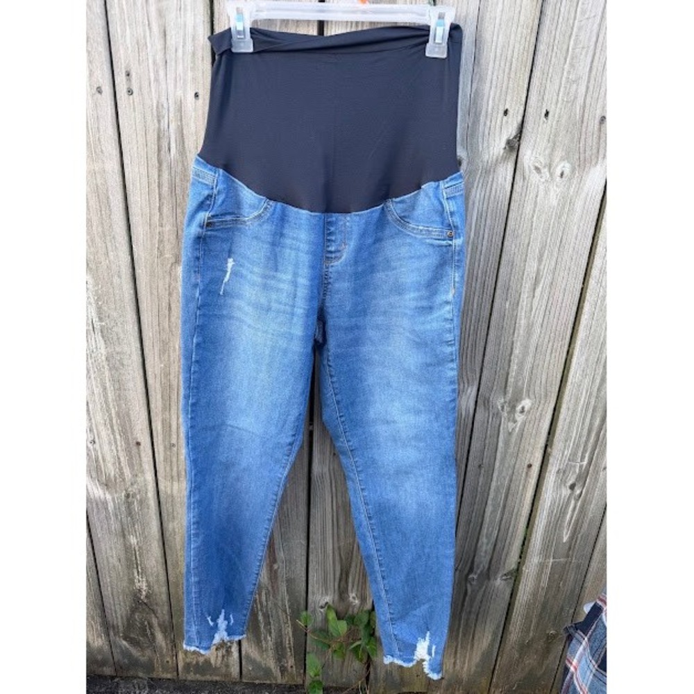 Maternity Casual Sonoma Jeggings 14-MAT Blue Distressed Raw Hem Full Belly Panel